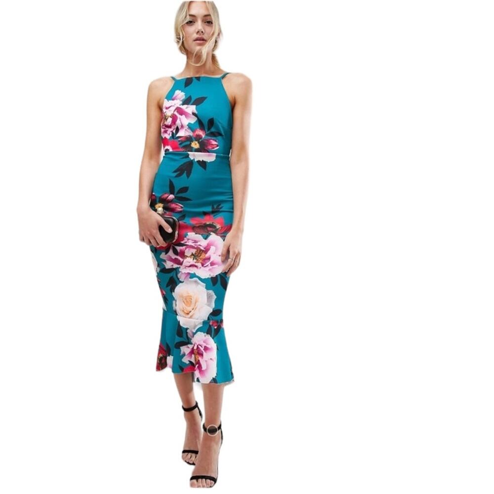ASOS Floral Pinny Midi Dress Size 4 Teal Peplum Hem Sleeveless Backless